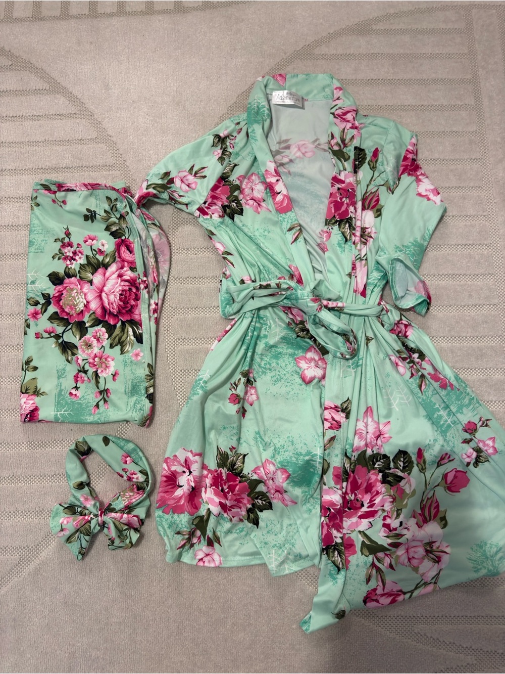 Floral Satin Robe Set in Mint and Pink - receiving blanket and headband